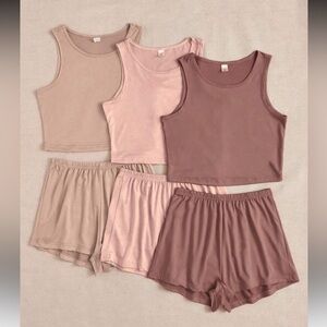 3-Piece Lounge Set – Neutral Crop Tops & Matching Shorts